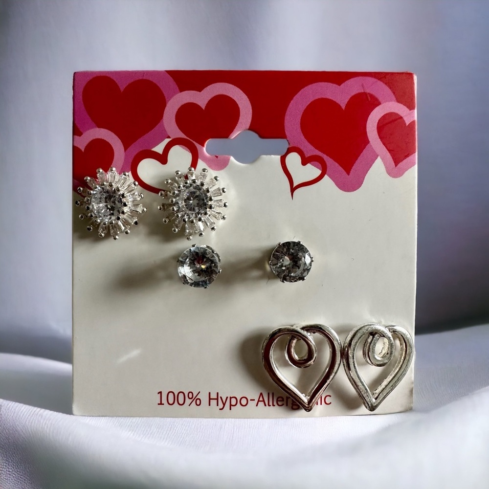 Set of 3 Silver Tone Round Clear CZ Pierced Earrings Stud Starburst Hearts New